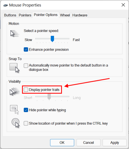 Click the Pointer Options tab and tick the checkbox next to Display pointer trails